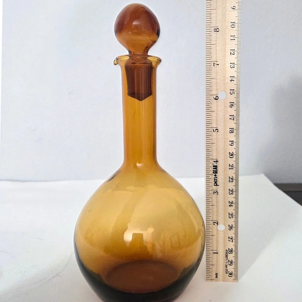 Vintage Amber Glass Decanter w/ Stopper Mid Century Modern Bottle Amber Retro
